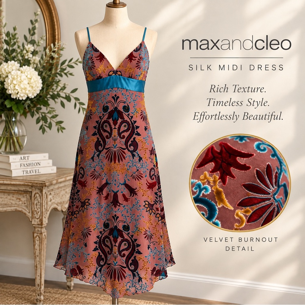 Max and Cleo Silk Velvet Burnout Midi Dress 4 Y2K Boho Paisley Teal